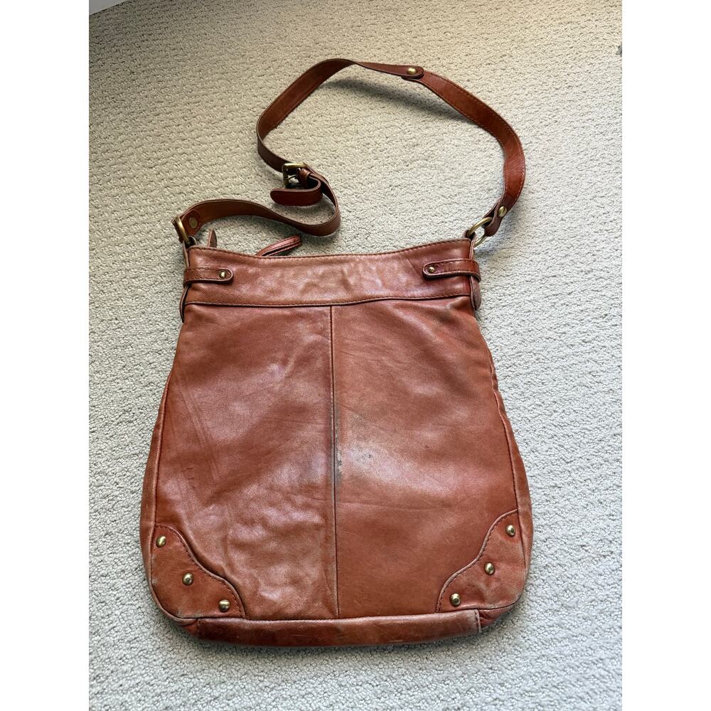 TANO Brown Leather Crossbody Bag Distressed Boho Studded Shoulder Purse